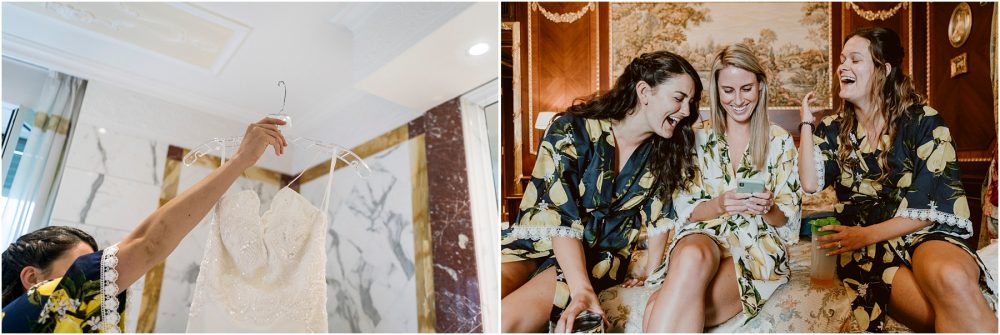 La sposa con le damigelle e l'abito da sposa al Grand Hotel Des Iles Borromees, Stresa Lago Maggiore