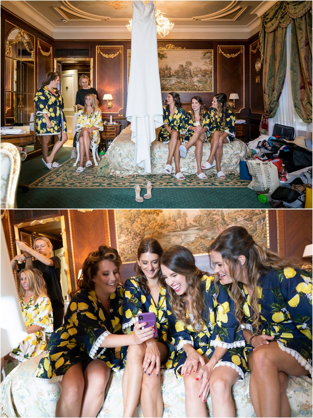 Lo sposa con le damigelle si prepara al Grand Hotel Des Iles Borromees, Stresa Lago Maggiore